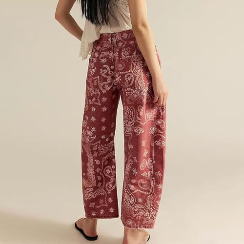 Barrel Jeans Women,Vintage Loose Wide Leg Cropped Denim Pants Y2k Floral Print Boyfriend Jeans Ankle Pants Patchwork4