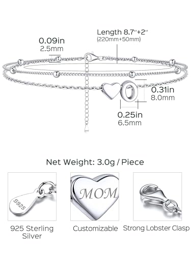 Image of ChicSilver Sterling Silver Anklets for Women Hypoallergenic Womens Ankle Bracelets for Women Layered Heart Anklet With Initials Womens Anklets Jewelry for Mom Wife