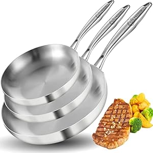8-10-12 Inch Tri-Ply Stainless Steel Frying Pan Set of 3,Chef’s Pans,Skillets,Induction Cookware,Pots and Pans Set,Dishwasher and Oven Safe.