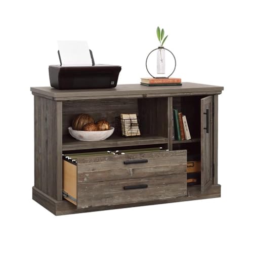 Pemberly Row Contemporary Engineered Wood Credenza, Pebble Pine/Brown Finish, 47 in Wide with Adjustable Shelf and File Drawer, Rustic Storage for Living Room or Home Office