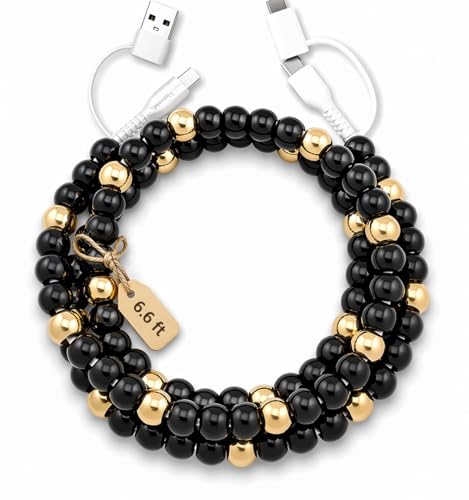 Image of Stylish Beaded Phone Charger Cable Colors USB Charging Cord for Smartphones (4-1, Black & Gold, 6.6ft)