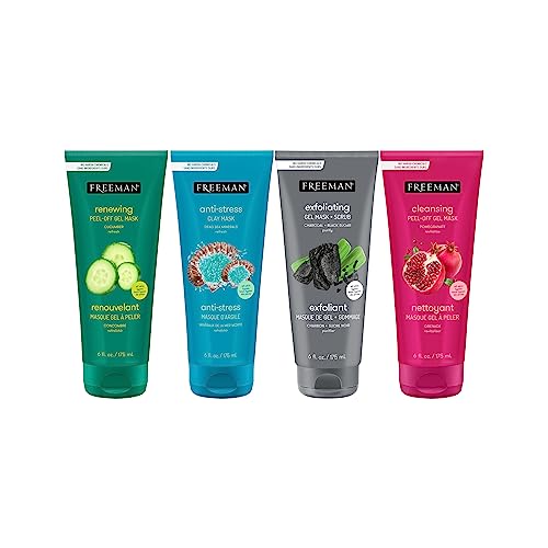 Freeman Facial Mask Variety Bundle, Renewing & Cleansing Skincare, Anti-Stress, Cucumber, & Charcoal Facial Masks, Peel-Off, Clay, & Gel Masks, Exfoliating Scrub, 6 fl. oz./175 ml Tubes, 4 Count