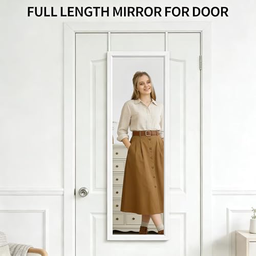 Image of whitebeach 48 inch x 16 inch Over The Door Full Length Mirror Wall Mounted Hanging with 2 Metal Hangers for Bedroom Living Room Bathroom White