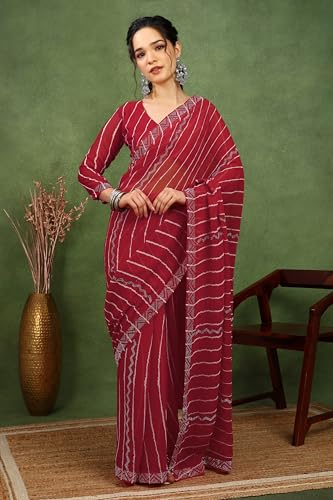 Image of MIRCHI FASHION Saree for Woman Georgette Solid with Satin Stripes | Stone Border Farewell and Ceremonial Sari with Blouse Piece