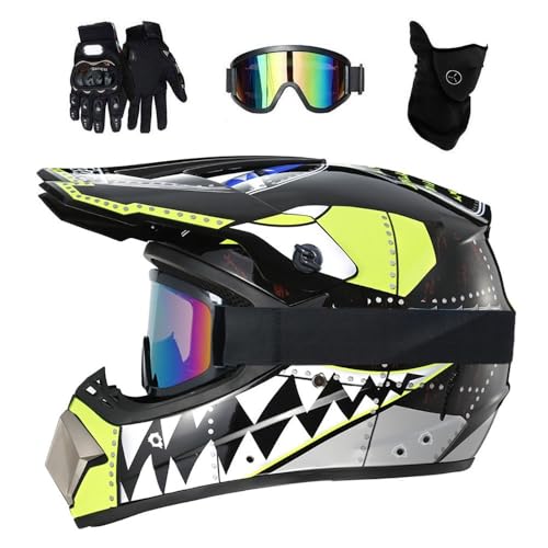 Juventud Niños Casco de Motocross Colocar, con Gafas Guantes Mascarilla, Unisexo Integral Todoterreno Carreras Moto Cascos, Descenso Enduro BMX MTB ATV Quad Dirt Bikes Casco(Black,S/52-53CM)