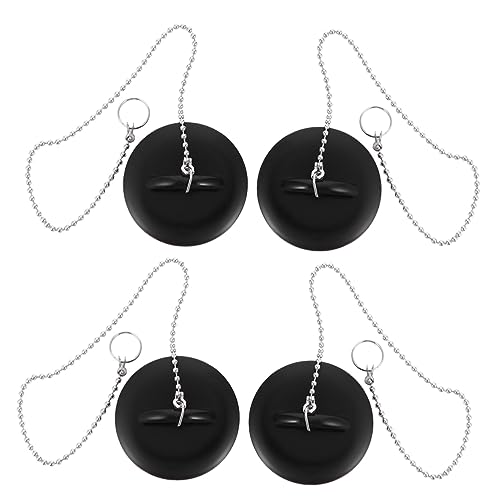 KONTONTY Tapones De Agua Sellados De Silicona Negra para Lavabo y Bañera, 4 Piezas, con Cadena Integrada, Resistentes Al Agua, Uso Doméstico y Hotelero, Adecuado para Baño y Fregadero