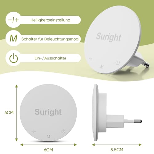 Suright 2 Stück Nachtlicht Steckdosen, Nachtlichter mit Bewegungsmelder, Hinterleuchtete, Helligkeit Dimmbare, 3 Modi, 2700K Warmweiß, 30LM für Flur, Treppe, Schlafzimmer, Kinderzimmer 2
