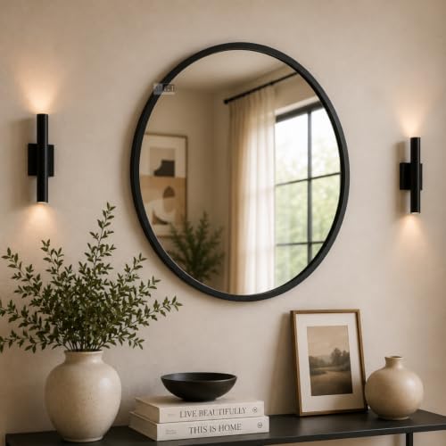 Image of Ali.G.I Round Wall Mirror, Modern Metal Framed Decorative Circle Vanity Mirror for Bathroom, Living Room, Bedroom & Entryway (Black 20 inch)