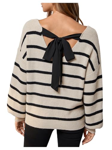 Image of GORGLITTER Women's Bow Fall Sweaters 2025 Cable Knit Chunky Oversized Long Sleeve Backless V Neck Pullover Tops