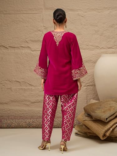 Image of Women Velvet Embroidered Short Kurta With Farshi Salwar