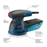 BOSCH ROS20VSC Palm Sander with Vacuum Dust Collector, 2.5 Amp 5 Inch Corded Variable Speed Random Orbital Sander, Polisher Kit with Soft Carrying Bag