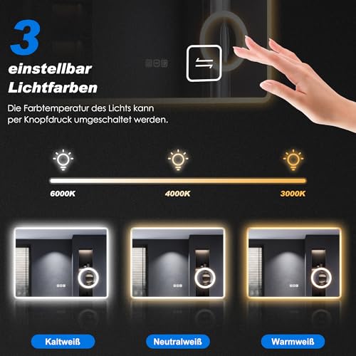 SONNI LED Badspiegel mit Steckdose 140x80 cm, Badezimmerspiegel mit Beleuchtung, Touchschalter, 3 einstellbare Lichtfarben, Dimmbar, Beschlagfrei, 3-Fach Vergrößerung