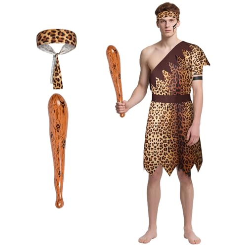 AYBUY Disfarces de homem das cavernas, 4 peças disfarce de mulher cavernária para adulto, túnica, Stone Age Man, idade da pedra para homens e mulheres para tema festa, carnaval de Halloween, castanho