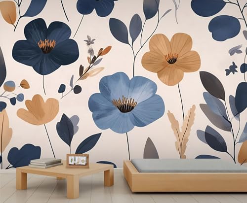 KIRESEI Retro Floral Mural for Wall, Mid-Century Colourful Flowers Wallpaper