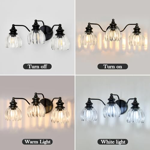 Image of Piepooye Modern Bathroom Light Fixtures 3 Lights Black Vanity Light with Glass LampShade E26 Bulb Indoor Vanity Light Over Mirror for Bedroom Farmhouse Kitchen