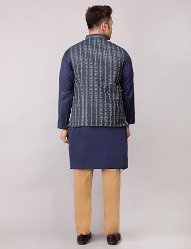 Image of Men's Cotton Silk Blend Regular Kurta Pyjama, Embroidered Nehru Jacket /Waistcoat Set