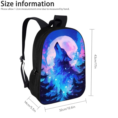 MAMINA Kids Wolf Backpack for Boys Girls, Howling Wolf Galaxy Backpack, Animal Print Blue Pink Space Galaxy Starry Night Cosmos School Backpack, Elementary Middle High School Backpack, 17 Inch2