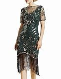 Coucoland 1920s Kleid Damen Kurz Fransen Ärmel Rund Ausschnitt Flapper Kleid 20er Jahre Paillettenkleider Great Gatsby Cocktail Party Damen Fasching Kostüm Kleid (Grün Gold, L)