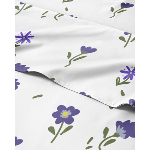 Floral Sheets - Purple Floral Bed Sheet Set - 1 Flat, 1 Fitted & 2 Pillowcases w/ Deep Pockets - Comfy, Wrinkle & Fade Free - Boho Botanical Bedding - Ultra-Soft, Breathable & Cooling - King