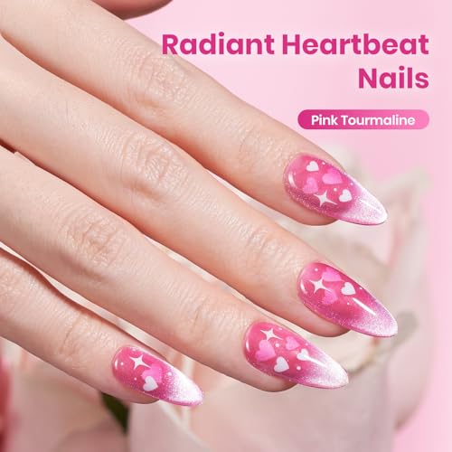 Image of Beetles Pink Cat Eye Gel Nail Polish - 15ML Gel Polish Pink Cat Eye Glitter Magnetic Velvet Effect Soak Off UV French Nail Art Salon DIY Home Manicure Spring Gift for Women