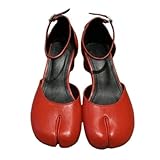 Vintage Tabi Mary Jane Pumps for Women Mid Block Heel Leather Retro Minimalist Heeled Shoes for Office and Evening Wear (Red,8)