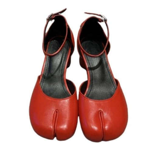 Vintage Tabi Mary Jane Pumps for Women Mid Block Heel Leather Retro Minimalist Heeled Shoes for Office and Evening Wear (Red,8)