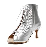Minishion Comfortable Dance Shoes for Women Sexy Peep Toe Wedding Evening Ankle Booties L581 Silver 7.5cm Heel US 5
