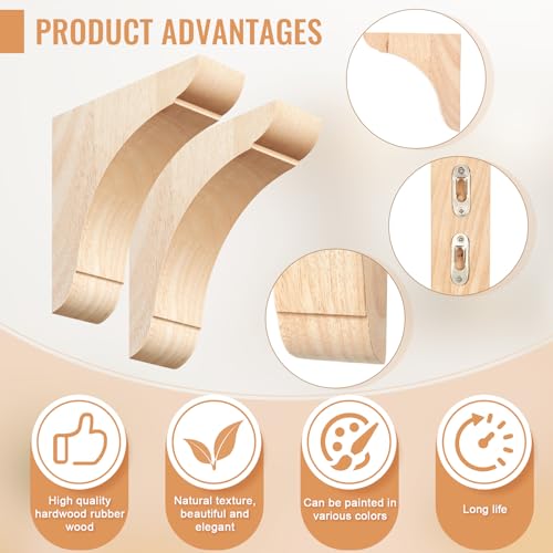 Image of Vercraft 2 Pcs Wood Corbels Wooden Shelf Brackets, Unfinished Paintable Bracket with Hanging Hook for Doorway Countertop Kitchen Cabinet Book Shelves, Rubber Wood (8 x 8 x 1.75 Inches)