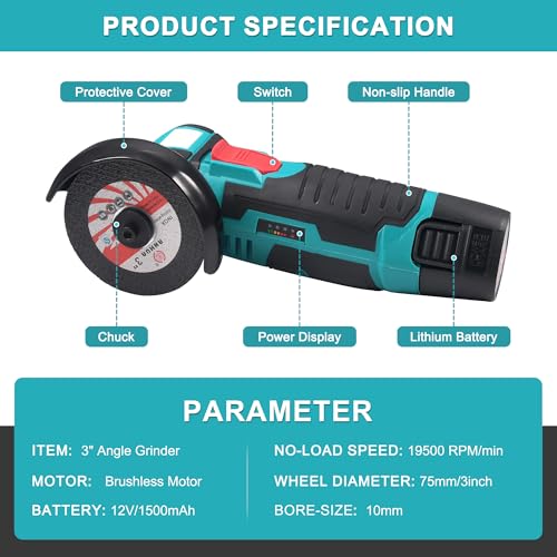 QIUMIN Brushless mini-accuschuurmachine, 75 mm, haakse slijper met oplader en 2 accu's met 1500 mAh, 19500 omw/min, 8 slijpschijven voor snijden, polijsten en slijpen - Afbeelding 3