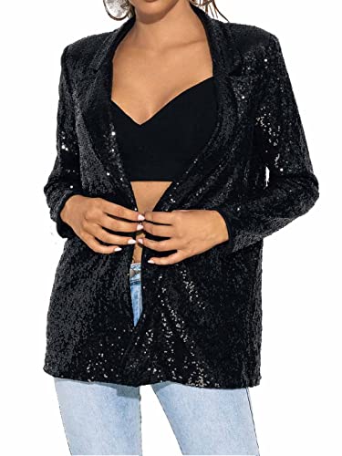 Evild Casual Sequin Women Blazer Open Front Long Sleeve Jacket Blazer Lapel Work Office Loose Jacket Sparky Cocktail Cardigan Black #TOP17