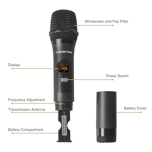 Sound Town Microfone sem fio de 100 canais, sistema misturador de karaokê com 2 microfones portáteis