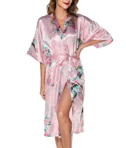 Image of Lovasy Kimono Dressing Gowns Satin Kimono Robe Peacock and Blossoms Silk Dressing Gown for Women UK Long Silk Bride and Bridesmaid Robes,Pink,S