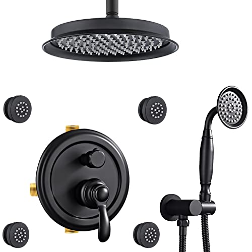 Homekice Antique Shower Faucet-Sets Complete Fixtures: 9 inch Ceiling Rain Head with Handheld Spray and Body Jets, 3 Way Diverter Brass Rough in Valve System Included Trim Kit, Matte Black