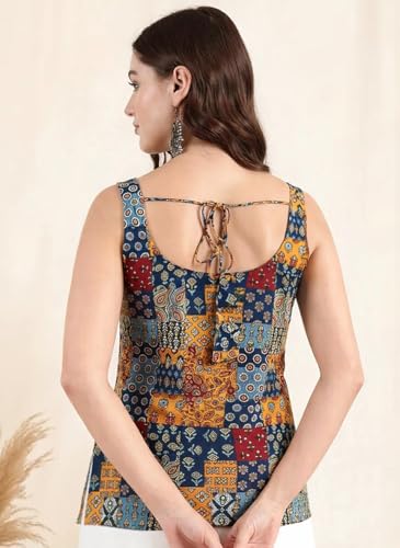 Image of Pinkmint Women Cotton Blend Printed Short Kurti Top (Pack of 2) | Stylish Casual Wear | Sleeveless Top | Back Dori Design | Comfortable Kurta Tops