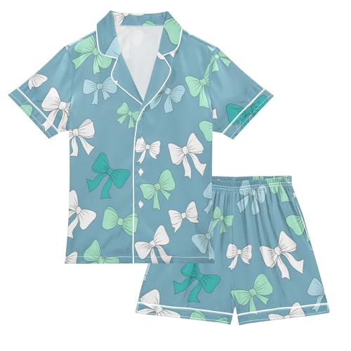 Satin Pajama Sets Short Sleeve Bow Ties in Colors Button Down Silky Nightwear 2 Piece PJS 5-14Y