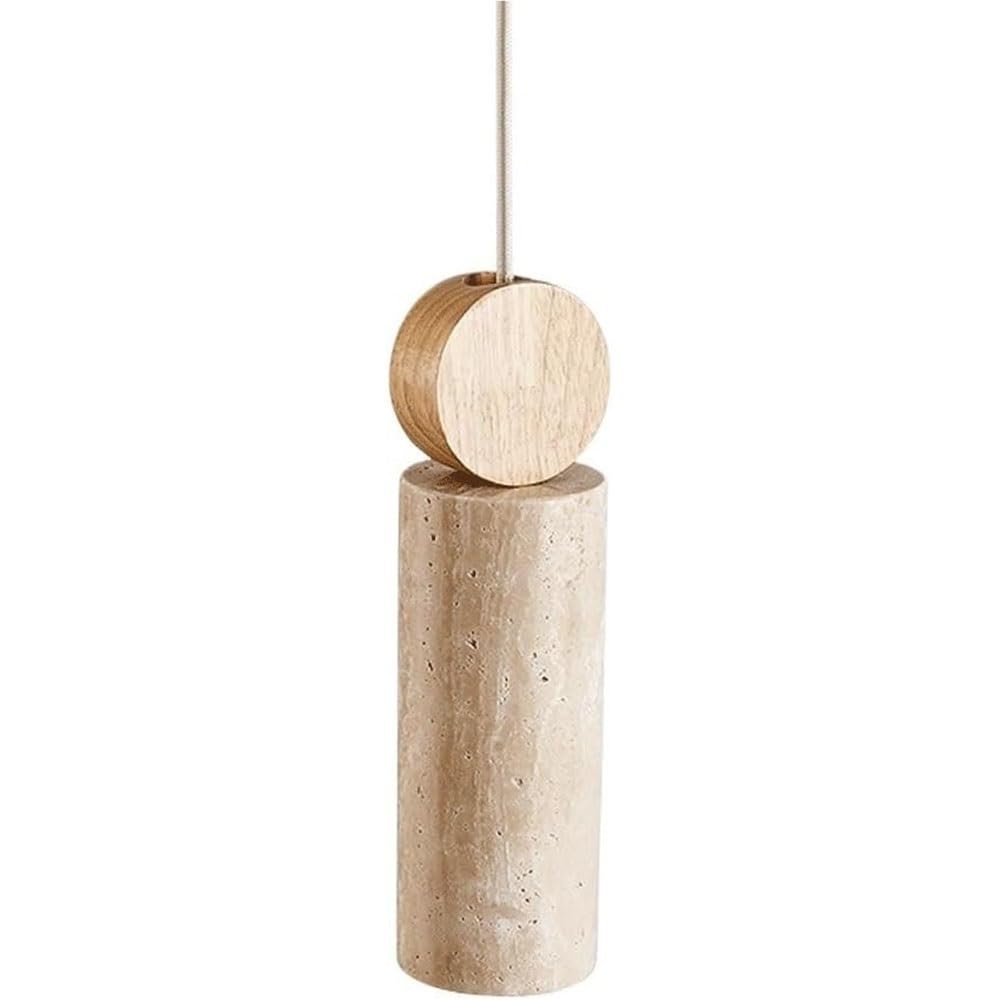 FEITENGDA Modern Minimalist Travertine Pendant Light Round Wood Accent Cylinder Stone Hanging Lamp Adjustable Cord Bedside Chandelier for Kitchen Island Dining Room Hallway