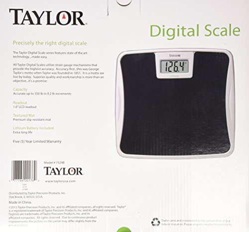 Taylor Digital Scales for Body Weight, High 350 LB Capacity, Black Vinyl Glass Platform Easy to Clean Mat, Anti Slip, Auto On and Off Scale, 11.5 x 10.7 Inches, Black
