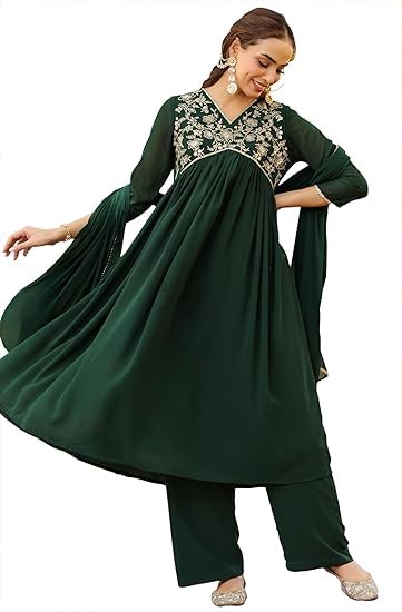 Image of Janasya Women's Georgette Zari Yoke Embroidered A-line Kurta Set