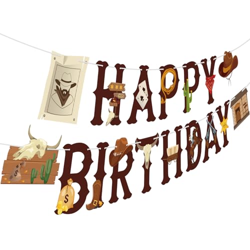 Image of Hooqict Western Happy Birthday Banner Cowboy Birthday Party Decorations Western Cowboy Party Banner Garland Sign for Boys Men Wild West Country Party Decorations Supplies