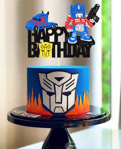 Homeparty Glitter Robot Happy Birthday Sign Cake Topper For Movie Cartoon Robot Ooptimus Prime Robot Theme Kids Or Adults Birthday Party Cake Or Centerpiece Decorations #TOP3