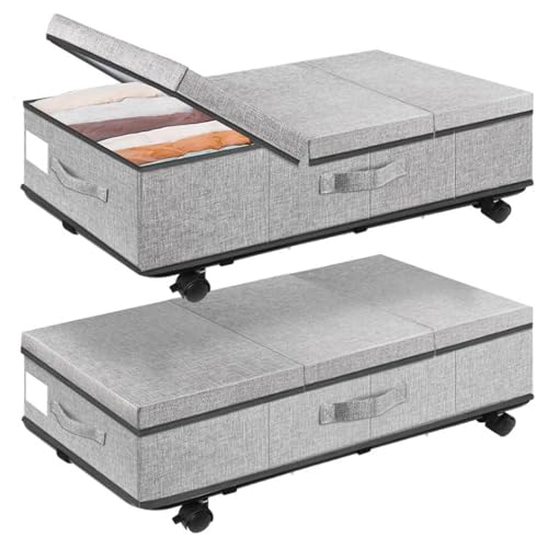 2 Piezas Caja almacenaje ropa debajo de la Cama, Caja Bajo Cama con Ruedas y Tapa, Metálico Almacenaje Bajo Cama Plegable Cajas almacenaje de Gran Capacidad con Asa Reforzada para Mantas, Ropa, Gris