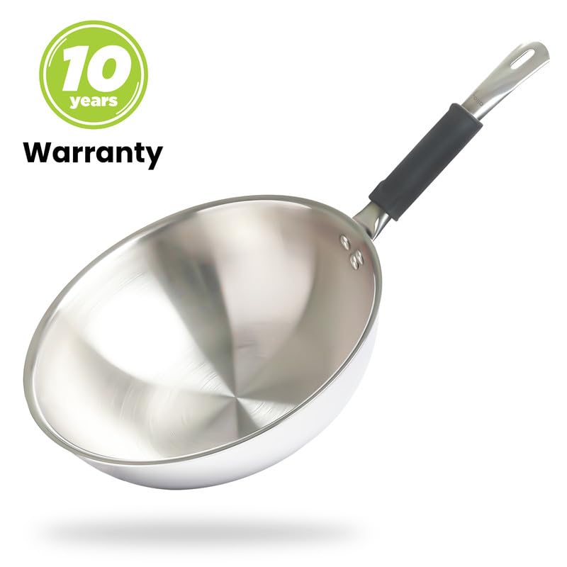 Image of Allo Triply Stainless Steel Wok for Deep Fry /Stir Fry /Dry Veg /Saute /Chinese Wok Cooking /Noodles Induction Friendly Naturally Non-Stick | 10 Years Warranty, 24Cm, 2.7 Litre,Silver