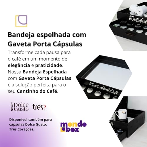 Bandeja Cantinho do Café Espelhada Decorativa com Gaveta Porta-Cápsulas Nespresso Organizador mdf Ap