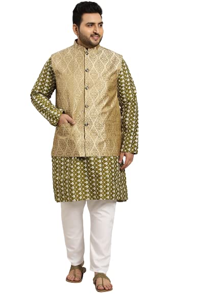 SOJANYA (Since 1958) Men's Silk Blend Dark Green Embroidered Kurta & Self Design Nehru jacket With White Churidar Set-picture-34