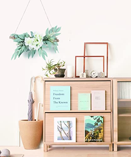 Artificial Hydrangea Swag,Wall Hanging Decor With White Hydrangea Flowers And Willow Leaves Decorative Log Branch Hanging Hoop For Bedroom Living Room Bathroom Wall Decor #TOP2