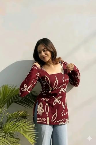 Image of Womens Rayon Full Sleeve Printed Short Kurti Stylish Ethnic and Casual Wear Top for Office, College