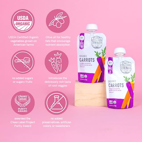 Image of Serenity Kids 6+ Months USDA Organic Veggie Puree Baby Food Pouches | No Sugary Fruits or Added Sugar | Allergen Free | 3.5 Ounce BPA-Free Pouch | Carrots | 1 Count