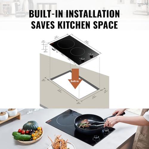 Image of VEVOR Electric Cooktop, 12 inch 2 Burners Built-in Electric Stove Top, 1800W Ceramic Top Radiant Cooktop, with 11 Heat Levels, Glass Panel, Knob Control, for Diverse Cooking Requirements, 120V