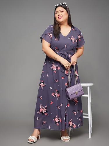 Image of Miss Chase A+ Women's V-Neck Three-Quarter Sleeve Floral Wrap Chiffon Midi Dress