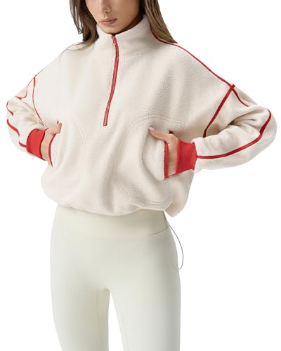 QINSEN Long Sleeve Fleece Sweatshirt for Womens Half Zip Baggy Crop Top Sweater with Pockets Cream S